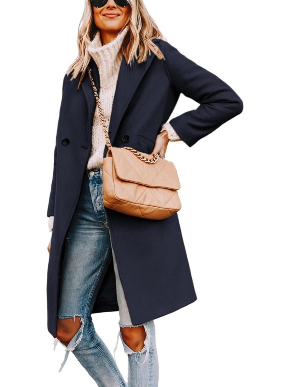 Women's Navy Wool Blend Notch Lapel Double-Breasted Mid-Long Trench Pea Coat
